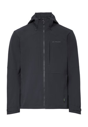 Giacca outdoor nera con zip, cappuccio, coulisse regolabili, polsini con Velcro e tasche sul petto e ai lati, con il marchio Vaude sul petto sinistro.