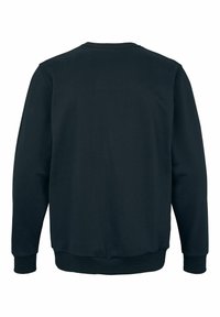 Svart hettegenser, bomullsmiks, rund hals, lange ermer, ribbestrikkede mansjetter og hem, glatt tekstur, minimalistisk stil uten grafikk.