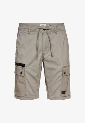 Lichtgrijze cargoshorts van een katoenmix, met een trekkoord in de taille, een zijritszak en twee voorkantzakken met kleppen.