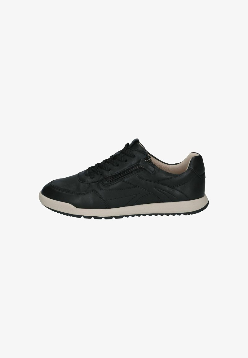 Baskets en cuir noir avec laçage à l’avant, fermeture éclair latérale, semelle blanche et col matelassé, vues de côté droit.