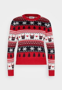 Roter, schwarzer und weißer Strickpullover mit Rentieren, Herzen, Bäumen und Schneeflocken im Norweger-Muster. Rundhalsausschnitt und gerippte Bündchen.