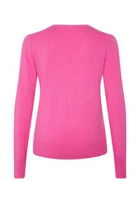 Maglione fucsia, texture a maglia, scollatura rotonda, maniche lunghe, polsini e orlo a costine, senza motivi o decorazioni visibili.