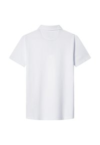 White short-sleeve polo shirt with a classic collar, made of solid fabric, featuring a smooth texture and a straight hem design.