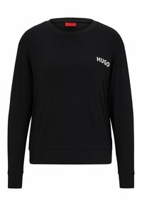 Zwarte lange mouw sweatshirt met een ronde hals, geribde boorden en een wit "HUGO" logo op de linkerkant van de voorkant. Zachte, gladde stoftextuur.