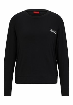 Musta pitkähihaiseksi huppari, jossa on pyöreä kaula-aukko, ribbineulosta hihansuissa ja valkoinen "HUGO" -logo edessä vasemmalla. Pehmeä, sileä kankaan rakenne.