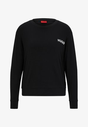 Svart långärmad sweatshirt med rund hals, ribbade muddarna och vitt "HUGO"-logotyp på vänster fram. Mjuk, slät tygkvalitet.