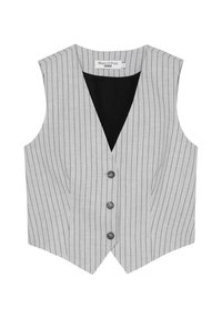 Chaleco a rayas grises con escote en V, diseño sin mangas, cinco botones en la parte delantera y un forro interior contrastante en negro.