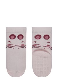 Helle rosa Baumwollsocken mit einem Katzenkopfdesign und burgunderfarbenen Akzenten, einschließlich runder Augen und Schnurrhaaren sowie einer strukturierten rutschfesten Sohle.
