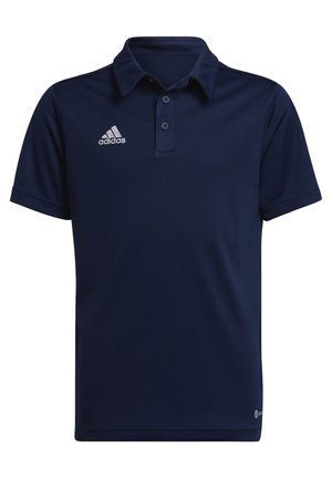 Navyfarbene Poloshirt aus glattem Stoff; mit klassischem Kragen, Knopfleiste mit drei Knöpfen und kleinem weißen Adidas-Logo auf der Brust.