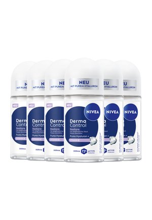 Six clear plastic roll-on deodorant bottles with white caps. Blue accents feature text about Derma Control, hyaluron, and vitamin E.