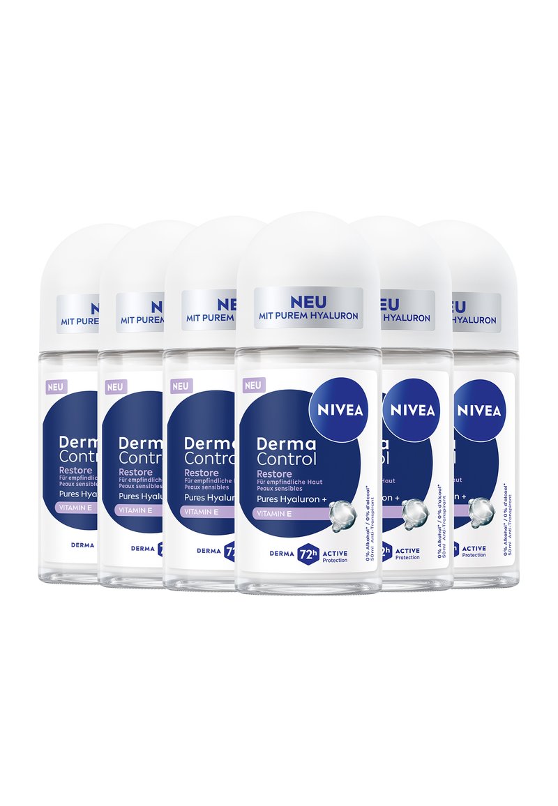 Six clear plastic roll-on deodorant bottles with white caps. Blue accents feature text about Derma Control, hyaluron, and vitamin E.