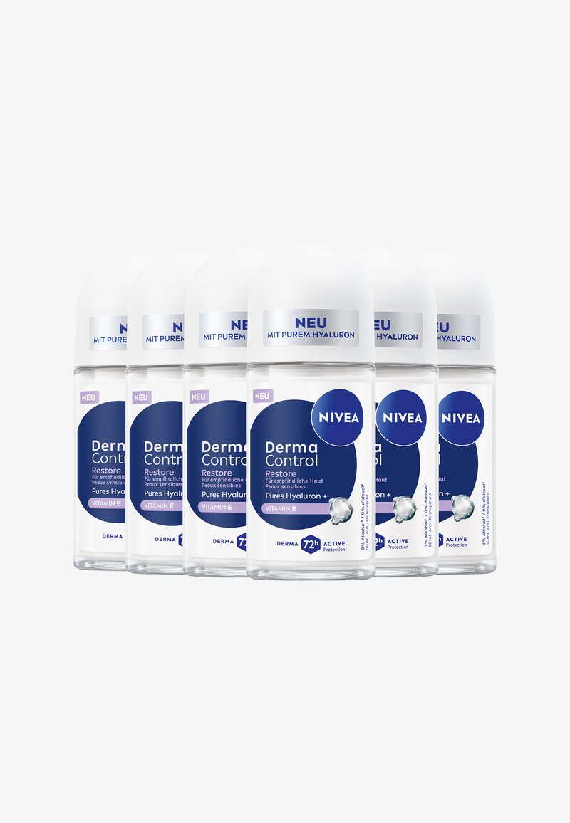 Six clear plastic roll-on deodorant bottles with white caps. Blue accents feature text about Derma Control, hyaluron, and vitamin E.