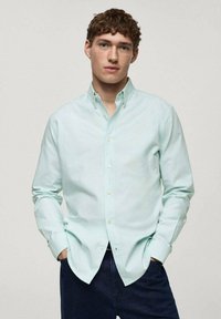 Vaalean mintunvihreä nappimallinen paita joustavasta puuvillakankaasta, jossa on pitkät hihat, klassinen kaulus ja huomaamattomat napit edessä.