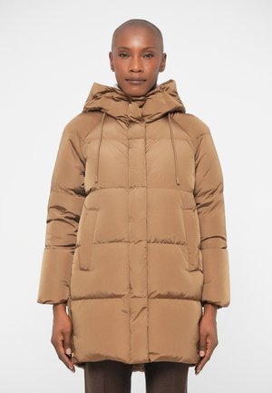 Brown puffer coat with a hood, featuring a quilted design, adjustable drawstrings, and large front pockets. Smooth, lightweight material.