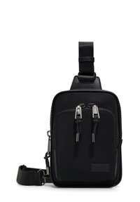 Borsa a tracolla nera realizzata in tessuto resistente con superficie liscia. Presenta due tasche con zip, tracolla regolabile e accessori in tonalità argento.