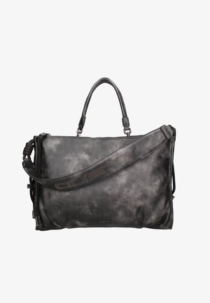Zwarte leren tote bag met een textuurafwerking, voorzien van een bovenhandvat en een afneembare schouderriem, geperst logo en decoratieve stiksels.