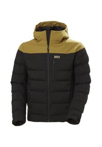 Gepolsterte Jacke mit schwarzem Körper, braunem Schulterbereich und Kapuze, durchgehendem Reißverschluss und kleiner Brusttasche. Strukturierten Stoff mit Logo.