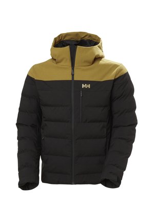 Gevoerde jack met een zwart lijf en een bruine schouder en capuchon, volledige ritssluiting en een klein borstzakje. Gelaagde stof met logo.