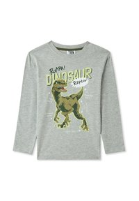 T-shirt grigio a maniche lunghe con grafica di un dinosauro verde e testo. Materiale morbido, design casual con scollatura rotonda.