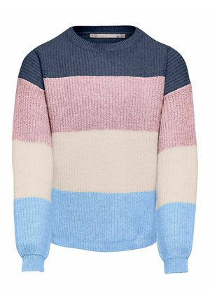 Barnas strikkede genser med lange ermer og brede horisontale striper i marineblått, rosa, krem og lyseblått.