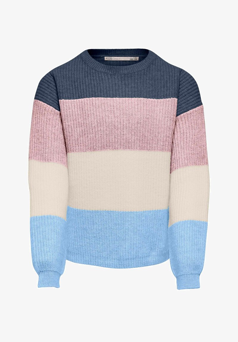 Pull tricoté à manches longues pour enfants avec larges rayures horizontales en bleu marine, rose, crème et bleu clair.