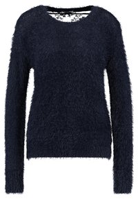 Navyblauer, flauschiger Pullover mit langen Ärmeln, rundem Ausschnitt und einer strukturierten, weichen Oberfläche. Spitzenbesatz ist am hinteren Ausschnitt sichtbar.