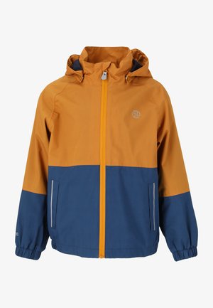 Farvet jakke i orange og marineblå med frontlynlås, justerbar hætte, elastiske manchetter og reflekterende detaljer. Fremstillet af letvægtsmateriale.