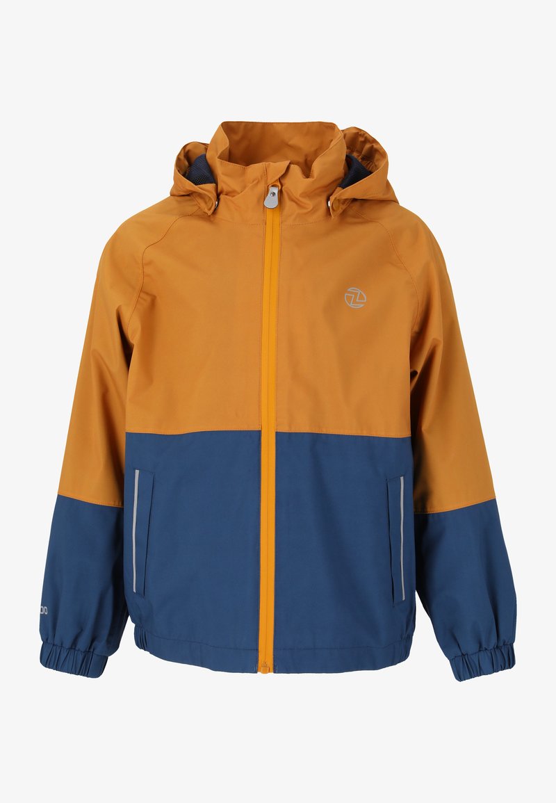 Färgspraglad jacka i orange och marinblå, med framdragkedja, justerbar huva, elastiska ärmmuddar och reflexdetaljer. Tillverkad av lätt material.