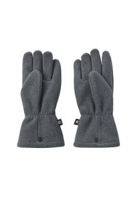 Szare rękawice polarowe o dopasowanym kroju, pięciopalczastej konstrukcji, z elastycznymi mankietami i małymi metkami z logo na każdym nadgarstku. Miękka faktura i prosta konstrukcja.
