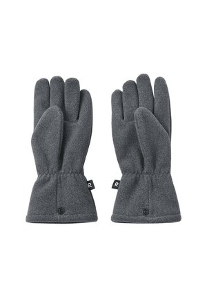 Grau Fleece-Handschuhe mit enganliegender Passform, fünf Finger Design, elastischen Bündchen und kleinen Markenetiketten an jedem Handgelenk. Weiche Textur und schlichte Konstruktion.