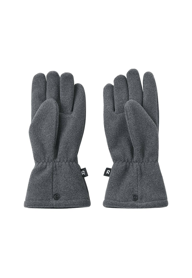 Szare rękawice polarowe o dopasowanym kroju, pięciopalczastej konstrukcji, z elastycznymi mankietami i małymi metkami z logo na każdym nadgarstku. Miękka faktura i prosta konstrukcja.