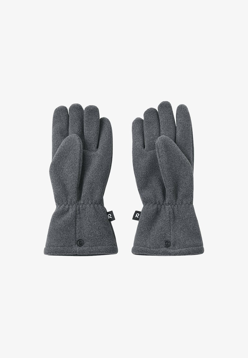 Szare rękawice polarowe o dopasowanym kroju, pięciopalczastej konstrukcji, z elastycznymi mankietami i małymi metkami z logo na każdym nadgarstku. Miękka faktura i prosta konstrukcja.