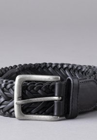 Woven black leather belt featuring a silver metal buckle and smooth black leather accents, showcasing intricate braided texture.