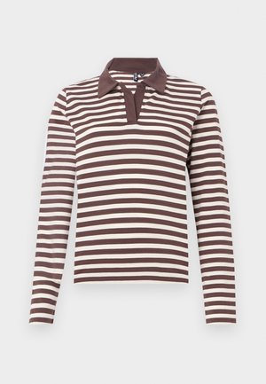 Long-sleeve polo shirt featuring horizontal brown and cream stripes, a collar, and a slit neckline design, made of soft fabric.