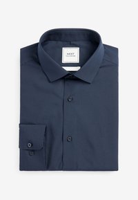 Mørkeblå skjorte med knapper lavet af glat stof, med klassisk krave, lange ærmer og en enkelt knap ved manchet.