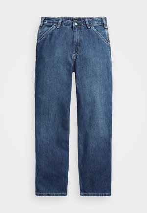 Mørkeblå denim jeans med rett benkutt, fem lommer og synlig søm. Stoffet har en glatt tekstur med lett falming.