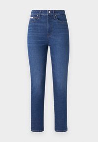 Jeans de mezclilla azul con un diseño de pierna recta, alta cintura y estilo clásico de cinco bolsillos. Presenta un cierre de botón y costuras en contraste.