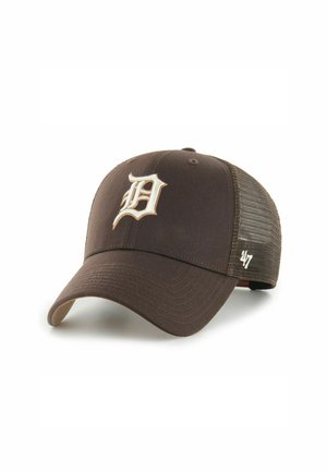 Brown baseball cap with mesh back, white embroidered Gothic letter "D" on front, and small "47" logo on side.