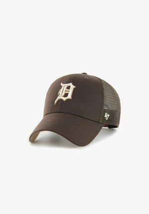 Brown baseball cap with mesh back, white embroidered Gothic letter "D" on front, and small "47" logo on side.