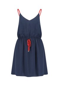 Mörkblå ärmlös klänning med justerbara röda axelband, cinchad midja med röd dragsko, och utsvängd kjol i ett glansigt material.