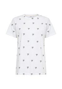 Balts T-krekls ar melnas bantītes apdruku, apaļā izgriezuma, īsām piedurknēm, brīvā piegriezumā un mīkstā kokvilnas materiālā. Iekļauj nelielu krūšu kabatu.