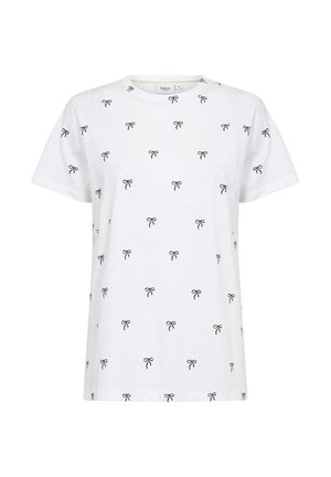 Weißes T-Shirt mit schwarzem Schleifenaufdruck, runder Ausschnitt, kurze Ärmel, lässige Passform und weichem Baumwollmaterial. Verfügt über eine kleine Brusttasche.