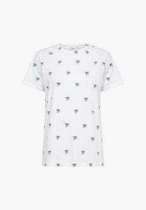 Witte T-shirt met zwarte strikprint, ronde hals, korte mouwen, relaxed fit en zachte katoenen stof. Voorzien van een klein borstzakje.