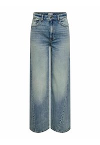 Lichtblauwe wijde spijkerbroek van denim. Heeft een hoge taille, voorzakken en vervagingsdetails. Ongestikte zoom bij de enkels.