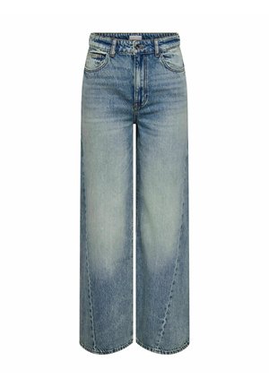 Ljust blå vida jeans i denim. Har hög midja, framfickor och blekningsdetaljer. Ofulländad fåll vid vristerna.
