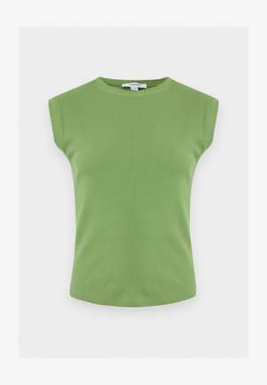 Zelený rebrovaný pletený top bez rukávov s okrúhlym výstrihom, rovný lem a jemné vypchávky na pleciach.