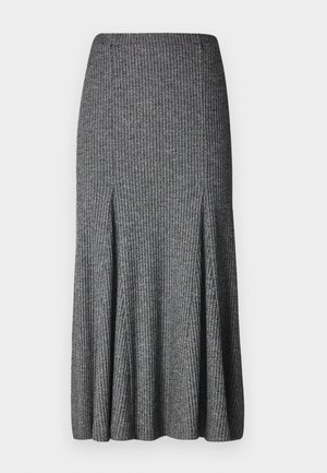 Jupe midi gris côtelée avec une taille ajustée et une silhouette évasée, dotée de deux plis à l'avant pour plus de détail et de mouvement.