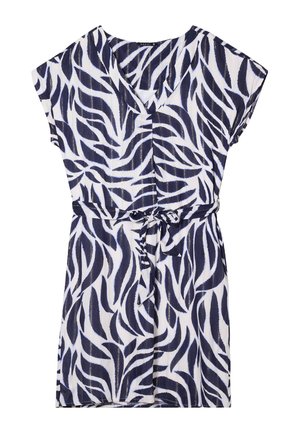 Kurzes Kleid mit einem V-Ausschnitt, das mit einem navyblauen und weißen Blättermuster versehen ist, eine taillierte Taille mit einem Bindegürtel hat und aus leichtem Stoff gefertigt ist.