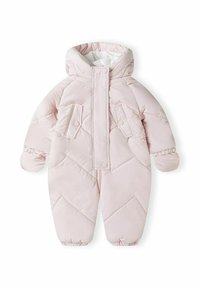 Gevoerde roze onesie met een capuchon, voorzien van een ruitpatroon, een sluiting met drukknopen aan de voorkant en elastische manchetten voor warmte en comfort.