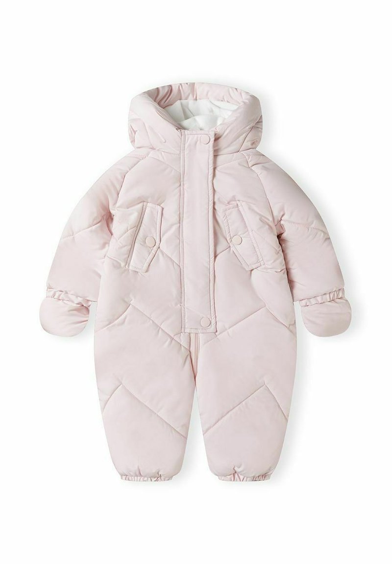 Gevoerde roze onesie met een capuchon, voorzien van een ruitpatroon, een sluiting met drukknopen aan de voorkant en elastische manchetten voor warmte en comfort.